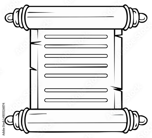 Ancient scroll with text unfurled, black and white line art illustration