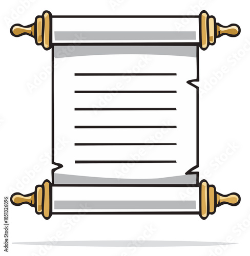 Ancient unrolled scroll with blank lines and golden finials, a cartoon parchment document