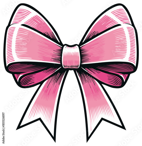 Elegant Pink Bow Illustration with Vintage Scratchboard Art Style