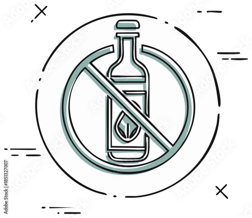 Eco-friendly bottle with leaf in prohibition sign line art, healthy sustainable beverage icon