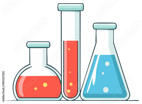 Laboratory glassware with colorful bubbling liquids for a science experiment cartoon illustration