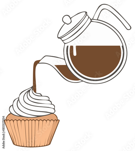 Cupcake getting chocolate topping from pot: sweet treat decoration, pastry, vector illustration