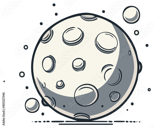 Stylized cartoon moon with craters and orbiting bodies in space