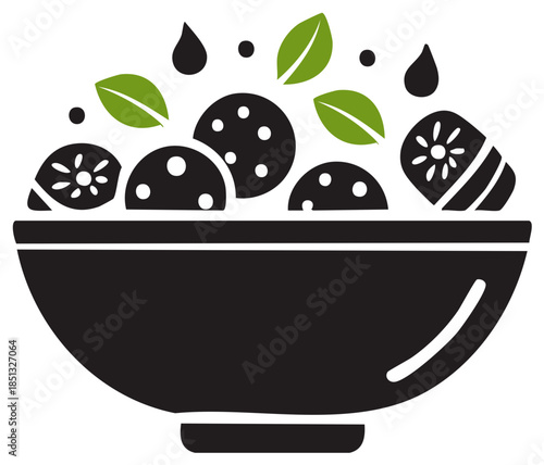 Stylized vector icon of a fresh food bowl with meatballs, green herbs, and lemon dressing