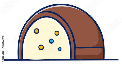 Stylized illustration of a semicircular brown dome tent with a cream interior and colorful dots