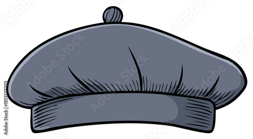 Illustrated gray beret hat on a white background. Fashion accessory graphic.