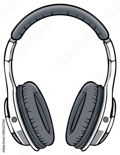 White and gray over ear headphones illustration. Modern audio headset for listening to music and podcasts.