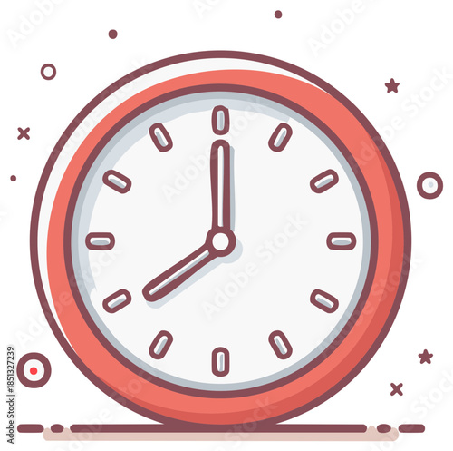 Simple red framed analog clock showing eight oclock with playful decorative elements