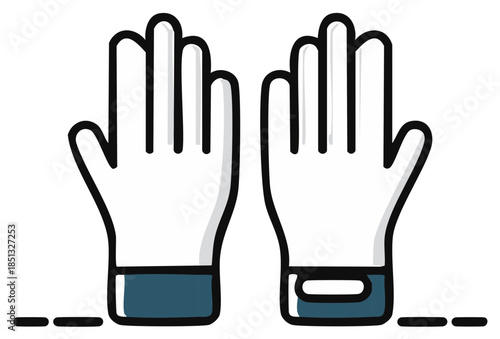 Pair of white cartoon hands with blue cuffs and black outlines reaching up