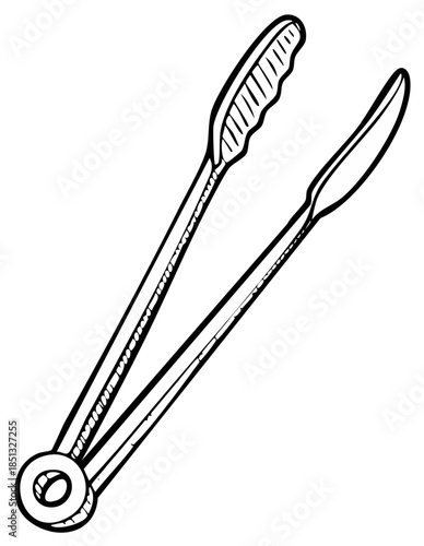 Illustration of Black Outline Barbecue Tongs with Scalloped Grip for Grilling Food, Isolated, Vector