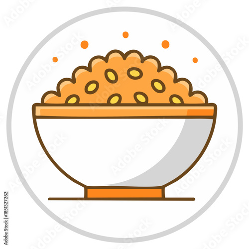 Stylized orange bowl icon filled with comforting rice grains or wholesome cereal and charming floating detail elements