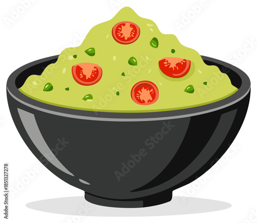 Fresh Guacamole in Black Bowl Topped with Tomato Slices and Cilantro Illustration