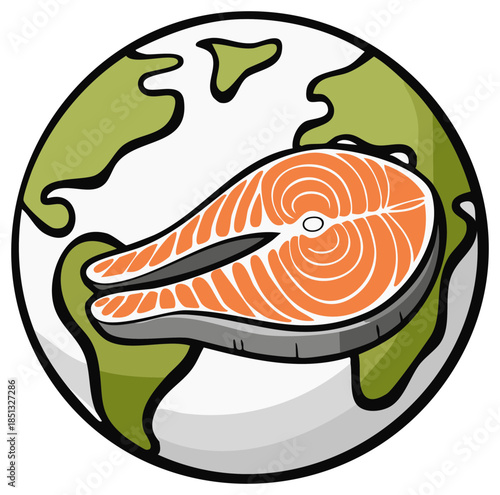 Fresh salmon fish steak fillet resting on an illustrative world globe map