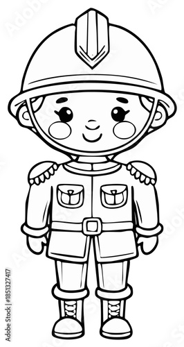 Cute cartoon firefighter character in uniform with helmet ready for action coloring page