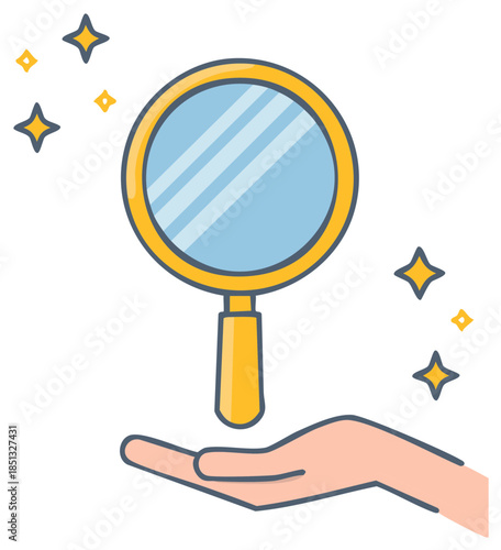 Sparkling golden hand mirror held in a palm illustration for beauty and self reflection concept