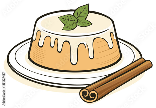 Delicious dessert with creamy topping and fresh mint leaves with cinnamon sticks on a plate