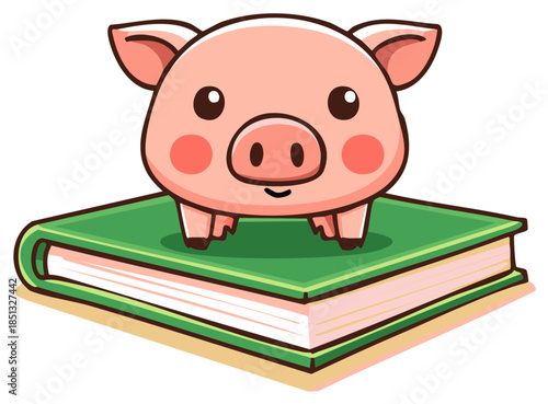 Cute cartoon piglet sitting on an open book representing knowledge and education