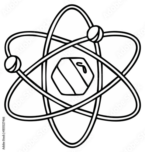 Hand drawn atom symbol with nucleus and orbiting electrons line art illustration