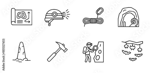Mining and exploration line icons showing cave entrance rope headlamp climber hammer and bats in minimalist outline style conveying underground adventure work and safety Concept of mining exploration 