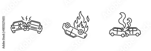 Car accident and collision line icons with crashing vehicles fire smoke and damage illustrated in simple outline style expressing danger emergency and road incidents Concept of traffic safety accident