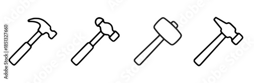 Hammer tool line icons collection displaying different hammer types in clean outline,  construction repair and craftsmanship Concept of building tools maintenance and workmanship

