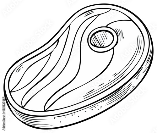 Black and white line drawing of a raw beef steak with bone