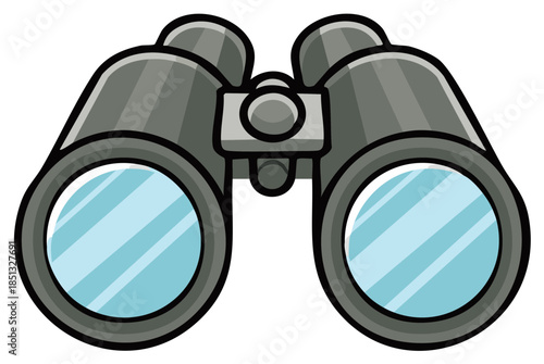 Cartoon illustration of binoculars, with light blue lenses.  Isolated vector.