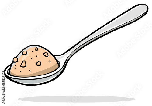 Cartoon spoon holding a mound of textured tan granules, a food ingredient.
