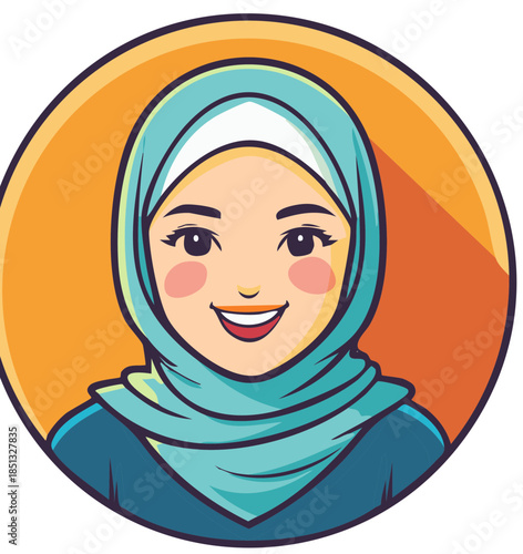 Smiling Muslim woman avatar with hijab, bright colors, friendly expression, modest clothing, cartoon style, digital art
