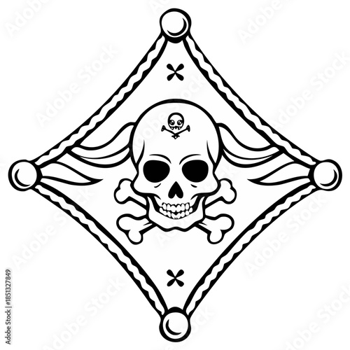 Skull and Crossbones Emblem with Decorative Border and Stylized Flames