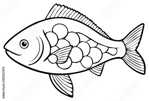 Stylized Line Drawing of a Fish with Circular Scales and Fins