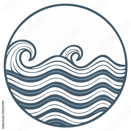Stylized Waves in a Circle Calm Ocean Waters and Rolling Sea Graphic Illustration