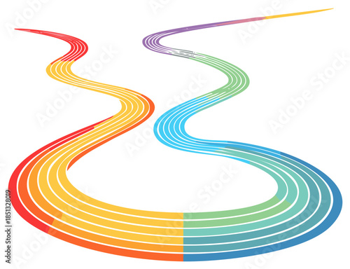 Winding rainbow path with multiple lanes symbolizing a journey of progress and diversity