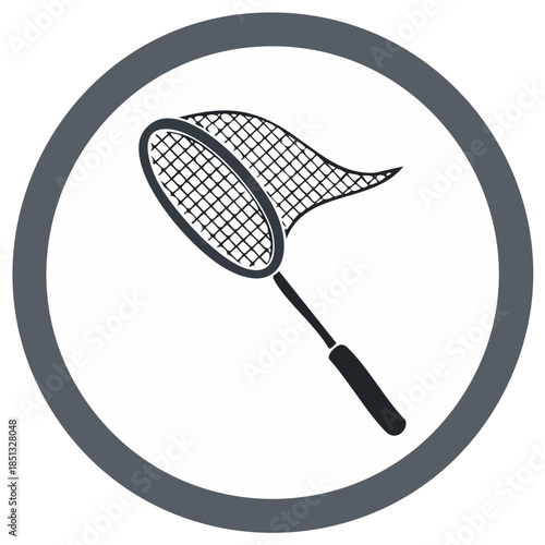Fishing net illustration within a gray circle with a white backdrop and a simple design