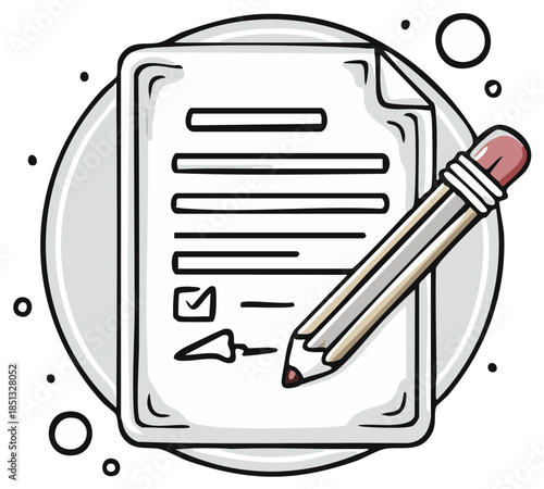 Pencil signing a document or application form with a checkmark cartoon icon