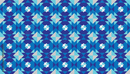 Seamless blue geometric pattern with repeating star and diamond shapes in a symmetrical layout