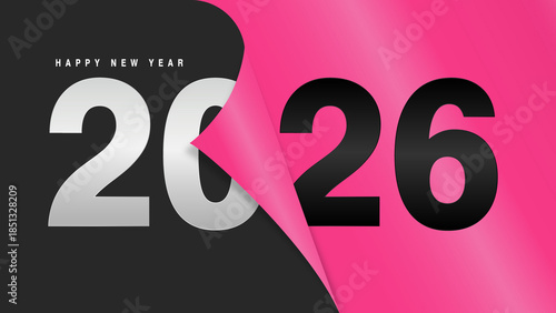2026 Happy New Year creative banner with pink peeling paper effect on black background