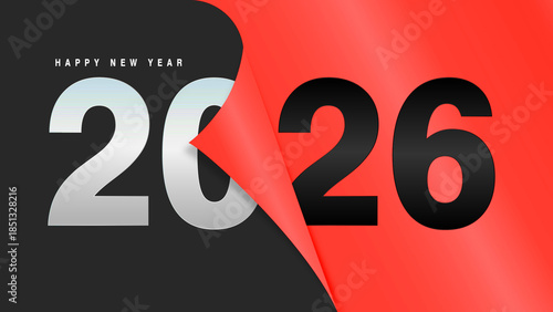 Happy New Year 2026 conceptual background with red peeling paper design on dark grey