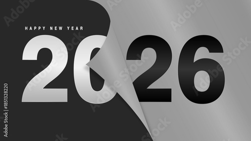 Minimalist 2026 Happy New Year banner with silver grey peeling paper transition
