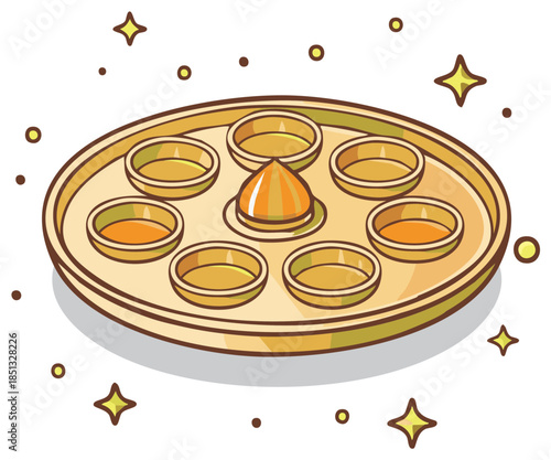 Golden Festive Offering Plate with Small Cups and Shine Cartoon Illustration