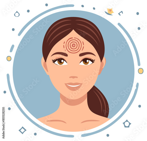 Vector illustration of a woman with a red circular target on her forehead representing headache pain or stress