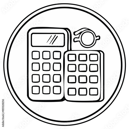 Calculator, eyeglasses, and keypad icon within a circle. Outline illustration.