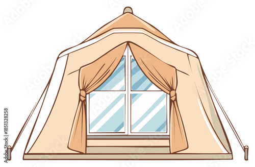 Beige glamping tent with a large window and curtains cartoon vector illustration