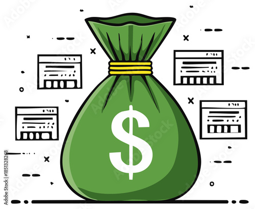 Money bag illustration surrounded by website pages depicting online earnings, concept for digital marketing and internet businesses in vector format