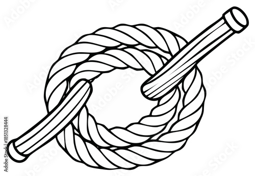 Thick nautical rope woven into a circle secured by wooden pegs forming a knot shape