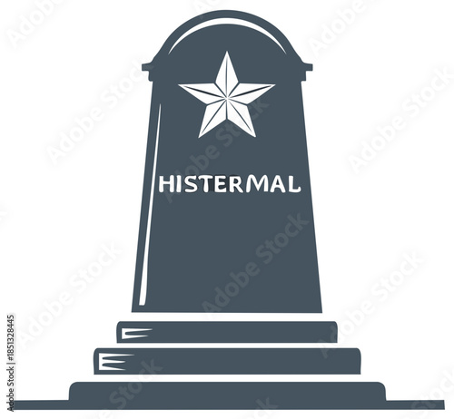 Graphic illustration of a gravestone monument featuring an etched star symbol and HISTERMAL text memorial design