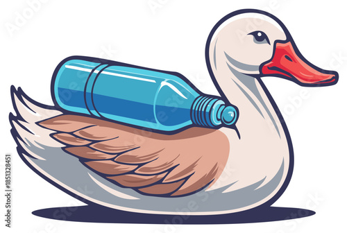 White swan cartoon illustration burdened by a blue plastic bottle symbolizing environmental pollution