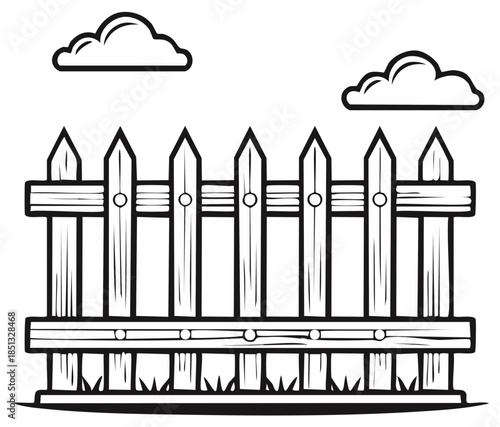 Simple black outline drawing of a classic wooden picket fence with clouds and grass illustration