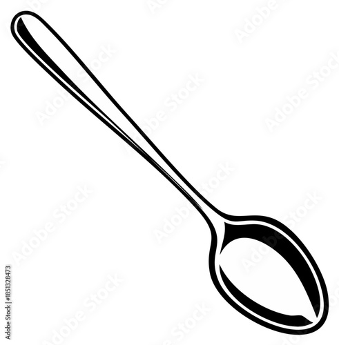 Simple black and white vector outline illustration of a classic kitchen spoon