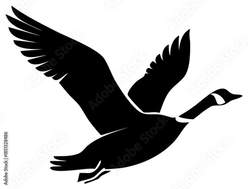 Majestic wild goose in powerful flight with wings spread black and white silhouette vector illustration graphic design